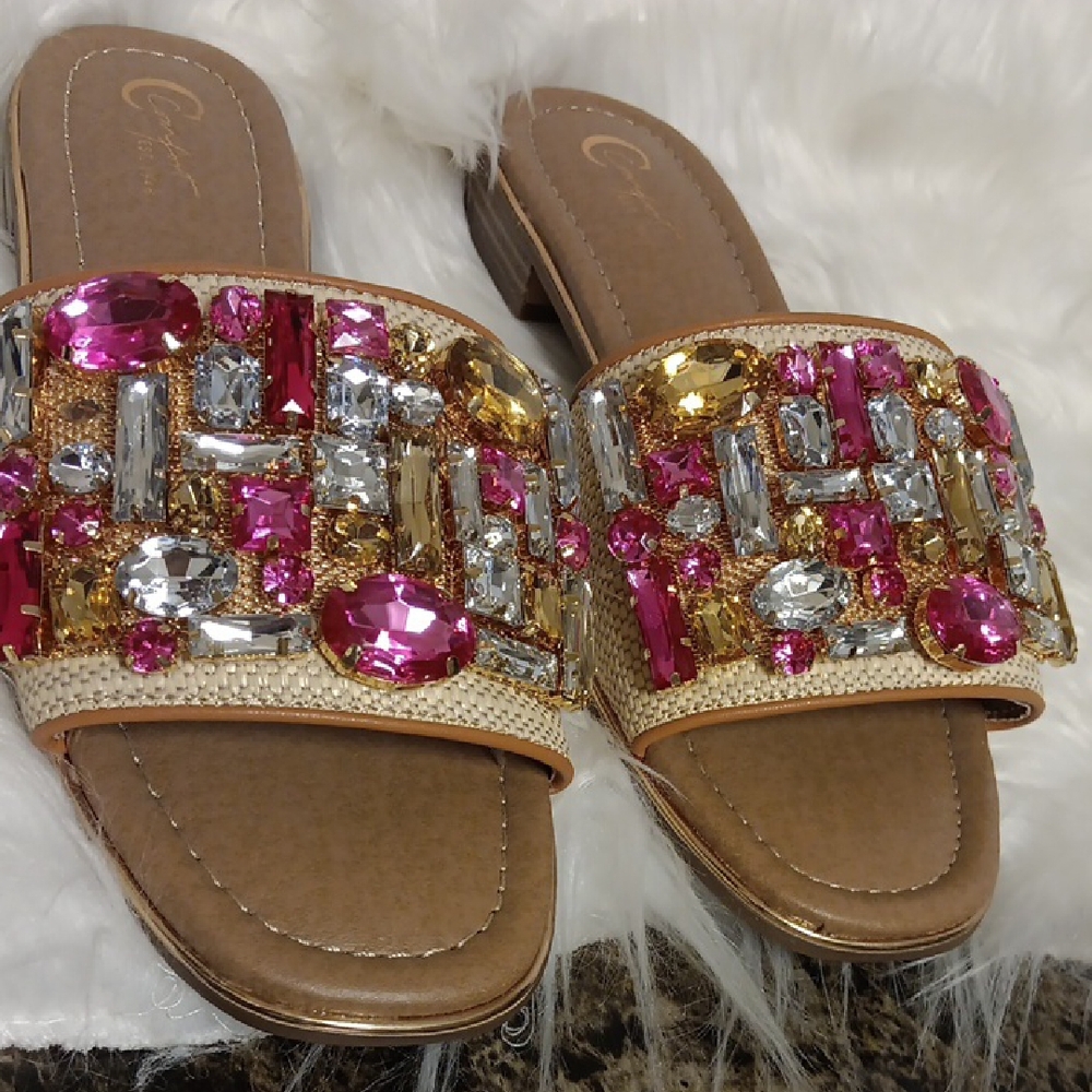Embellished Slide Sandals - Pink and Gold
